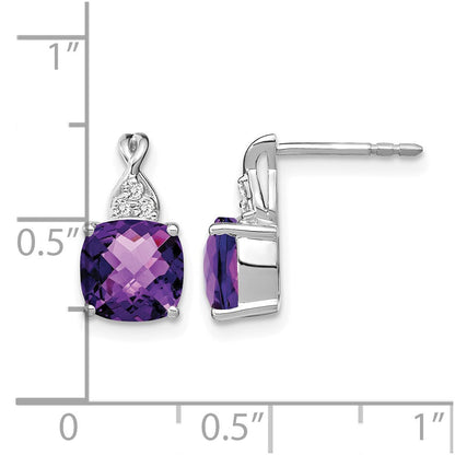 14K Weißgold Ohrstecker mit 7 mm Kissenschliff-Schachbrettmuster, Amethyst (Februar) und Diamanten