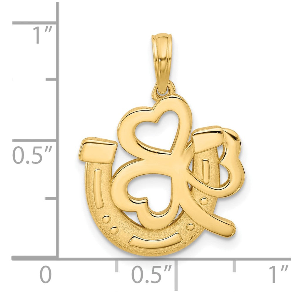 14K Gelbgold Hufeisen- und Kleeblatt-Charm, poliert und satiniert