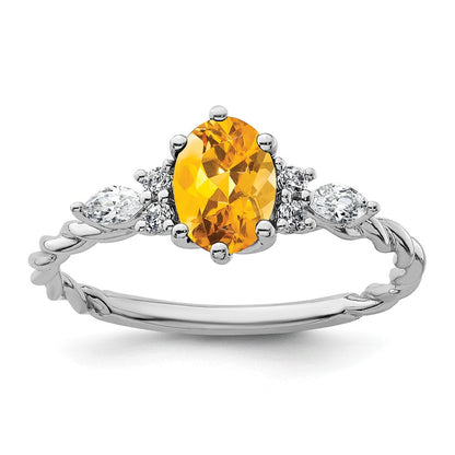 14K Weißgold Ring mit Diamant und ovalem Citrin (November) 7x5, gedreht, Größe 7