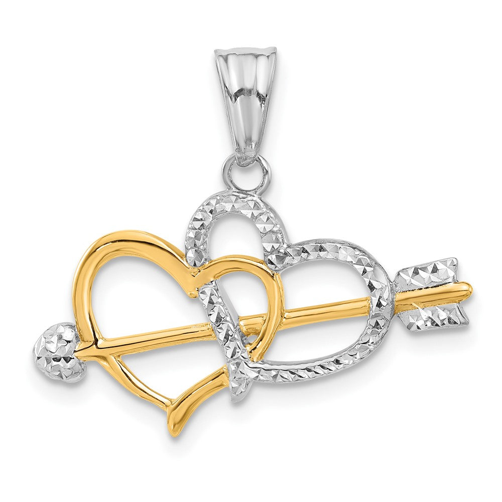 14K Gelbgold mit Rhodium Diamantgeschliffener Herzen-und-Pfeil-Anhänger