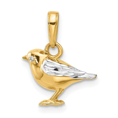14K Gelbgold und Rhodium Diamant-geschliffener 3-D Vogel-Anhänger