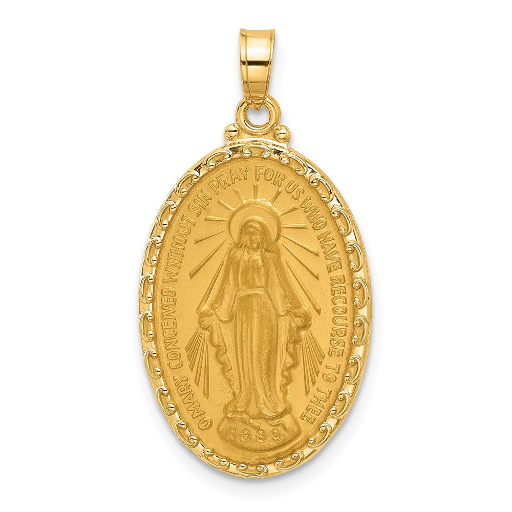 14K Gelbgold Poliert und Satiniert Massiv Wundertätig Medaille Oval Anhänger