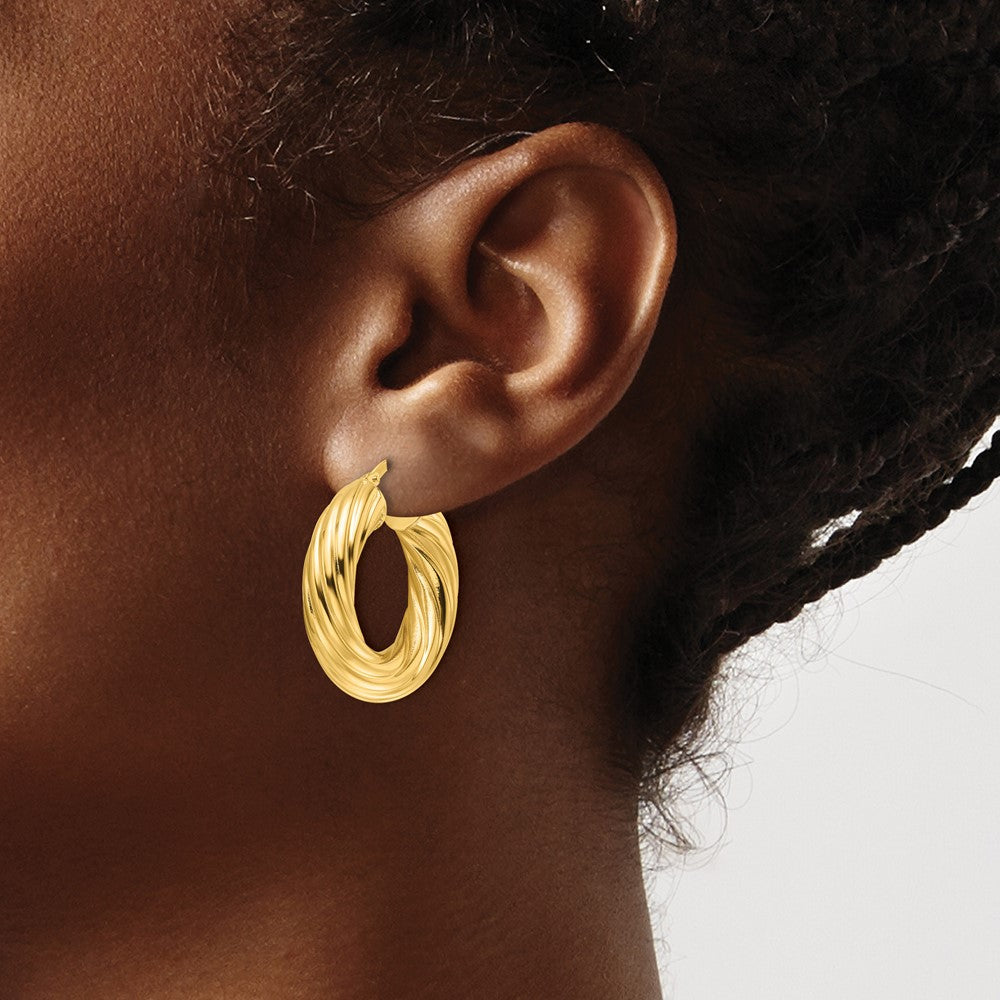 14K Gelbgold Poliert Gedreht 6mm Hohl Rund Creolen