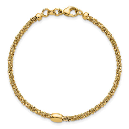14K Gelbgold Poliert und Strukturiert Gedreht mit Perle 7.25 Zoll Armband