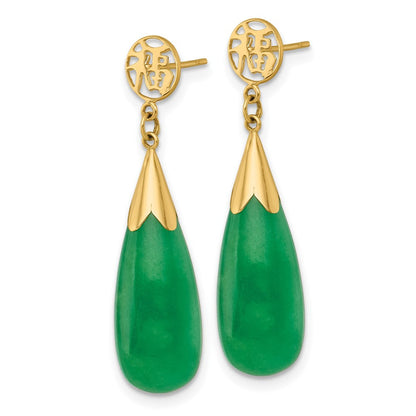 14K Gelbgold Poliert Good Luck Symbol Jade Tropfen Hängend Ohrstecker