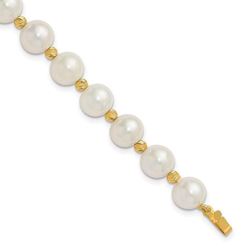 14K Gelbgold 8-9mm Nahe-round Süßwasser Zuchtperle und Diamantiert Gekugelt 7.5 Zoll Armband