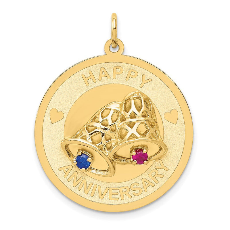 14K Gelbgold Happy Jahrestag Blau und Rot Zirkonia mit Bells 25mm Gravierbar Plättchen Charm