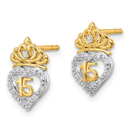 14K Zweifarbige Goldene Zweifarbig Polierte 0,15K Diamant Quinceañera 15 Herz/Krone Ohrstecker