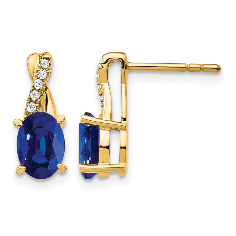 14K Gelbgold Ohrstecker mit 7x5 ovalem synthetischem September-Saphir und Diamanten