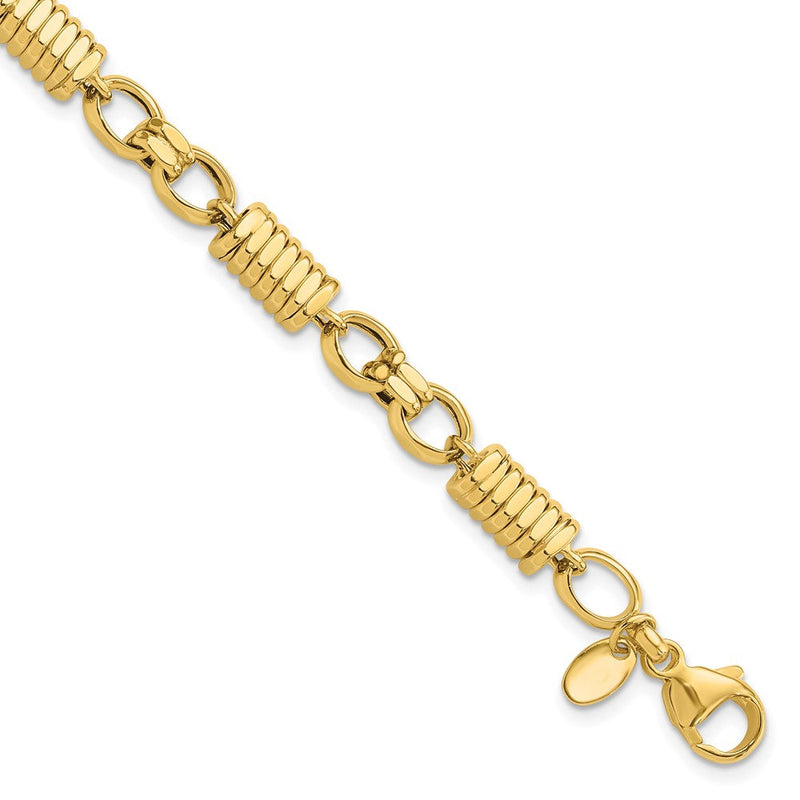 14K Gelbgold Poliert und Gerillt 5.4mm Fantasieglieder 8.5 Zoll Herren Armband
