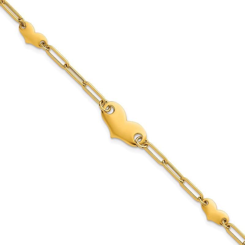 14K Gelbgold Poliert Büroklammer Glieder mit Drei Herzen 7.5 Zoll Armband