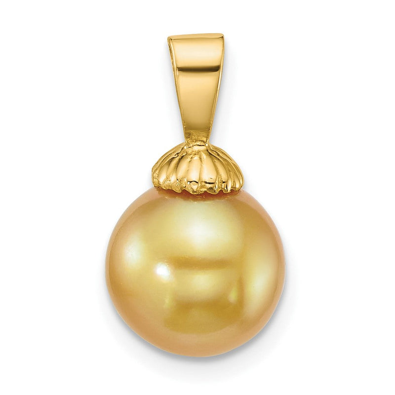 14K Gelbgold Poliert 9-10mm Rund Golden South Meer Salzwasser Zuchtperle Anhänger