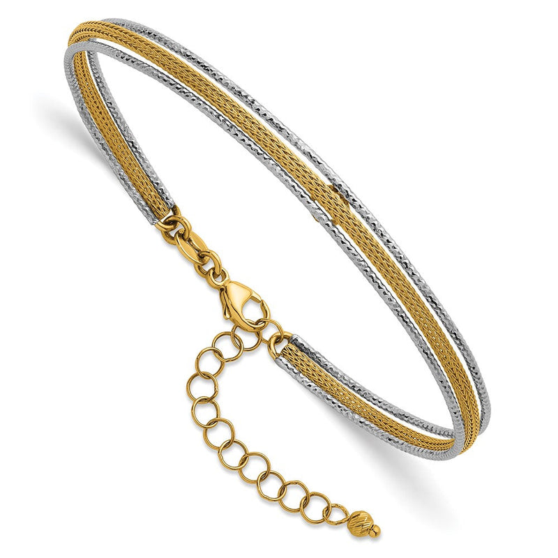 14K Bicolor Gold Strukturiert Geflochten 5mm Flexibel Armreif Armband Plus 1.25 Zoll Verlängerung