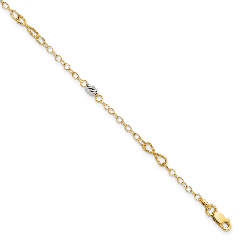 14K Bicolor Gold Bicolor Gedreht und Diamantiert Oval 10 Zoll Plus 1 Zoll Verlängerung - Total 11 Zoll Fußkettchen