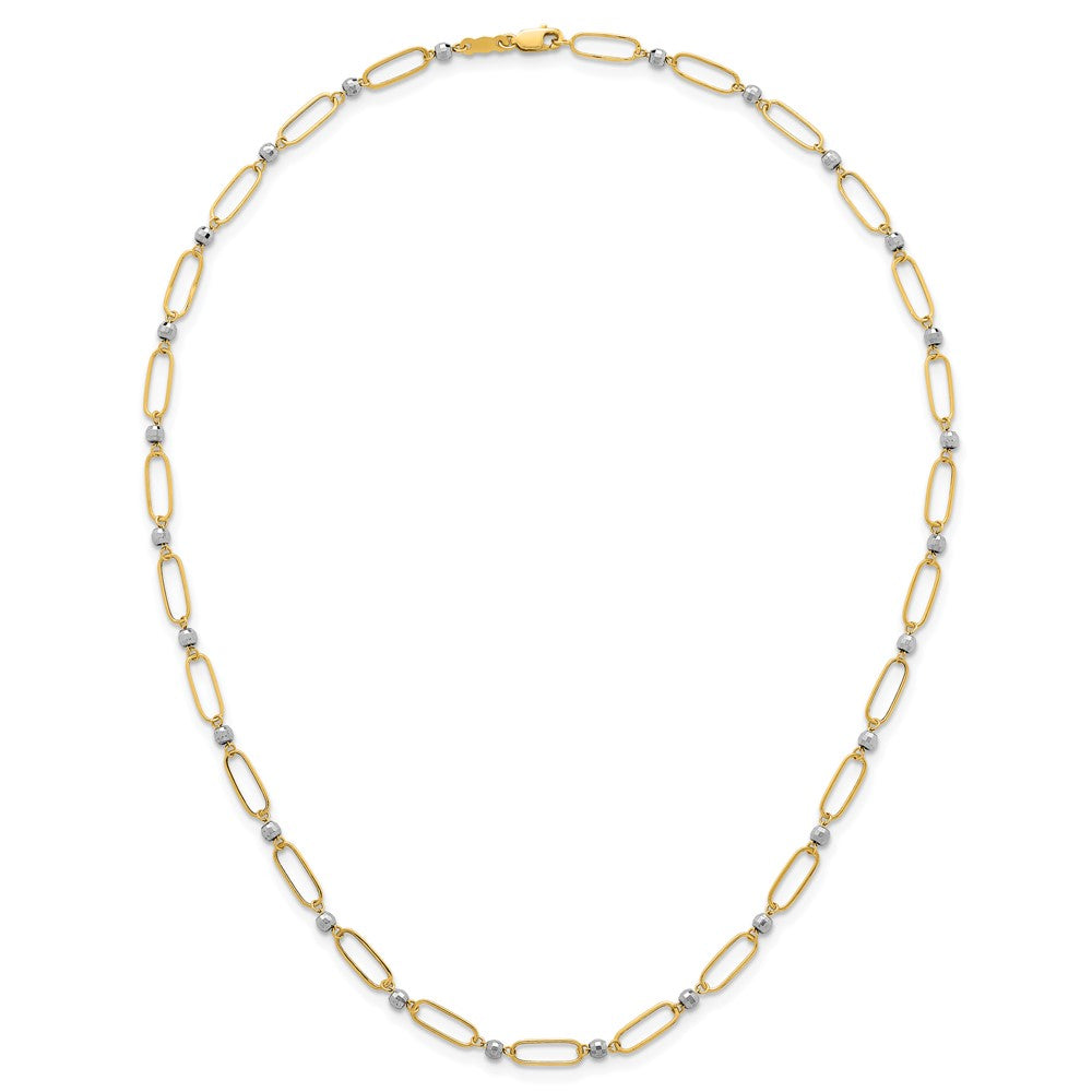 14K Bicolor Gold Bicolor Poliert Büroklammer Knöpfe und Facettiert Perlen 18 Zoll Halskette