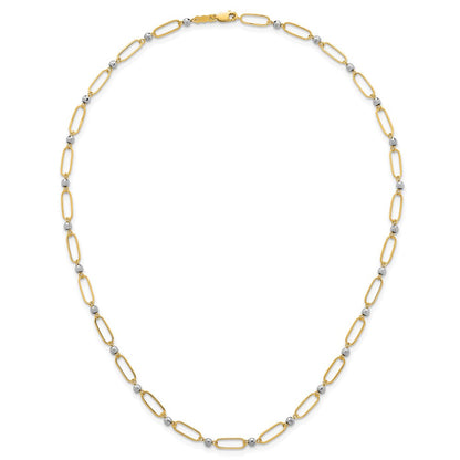 14K Bicolor Gold Bicolor Poliert Büroklammer Knöpfe und Facettiert Perlen 18 Zoll Halskette