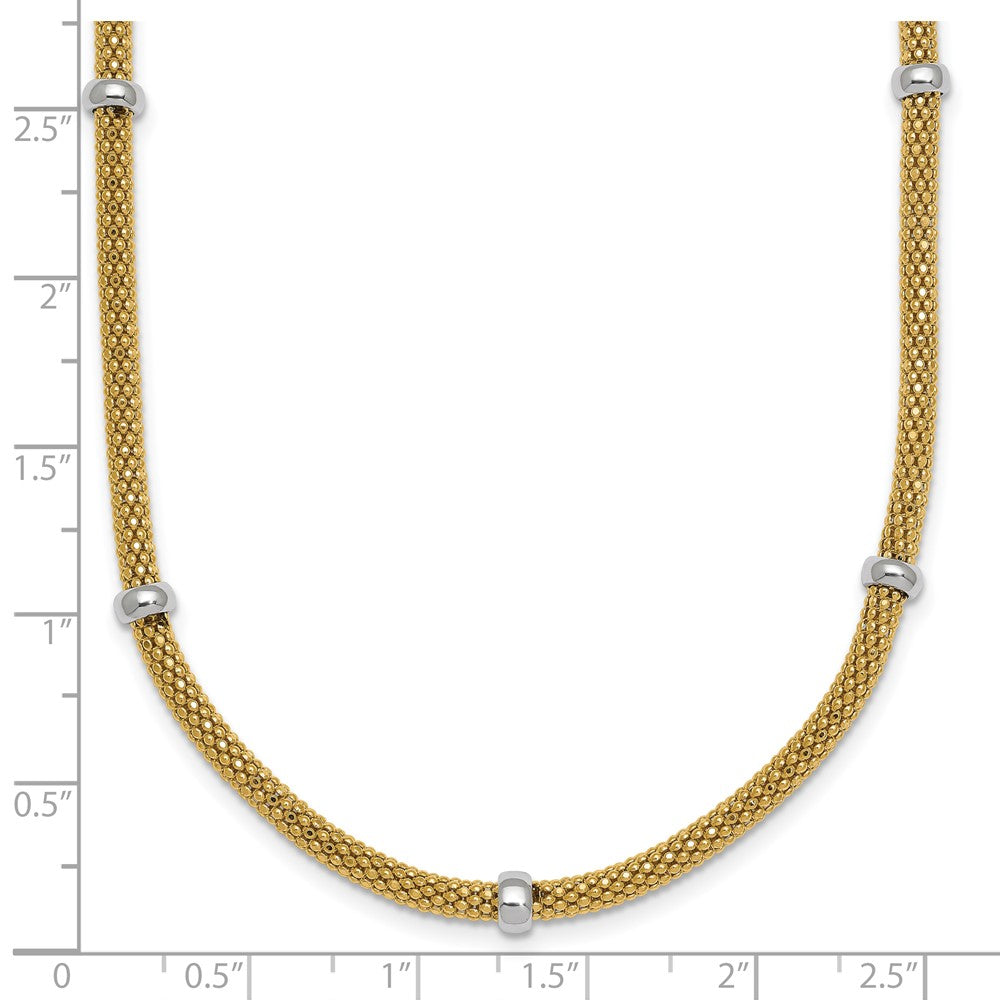14K Bicolor Gold Bicolor Poliert 7.5mm Fantasie Netz mit Perle 18 Zoll Halskette