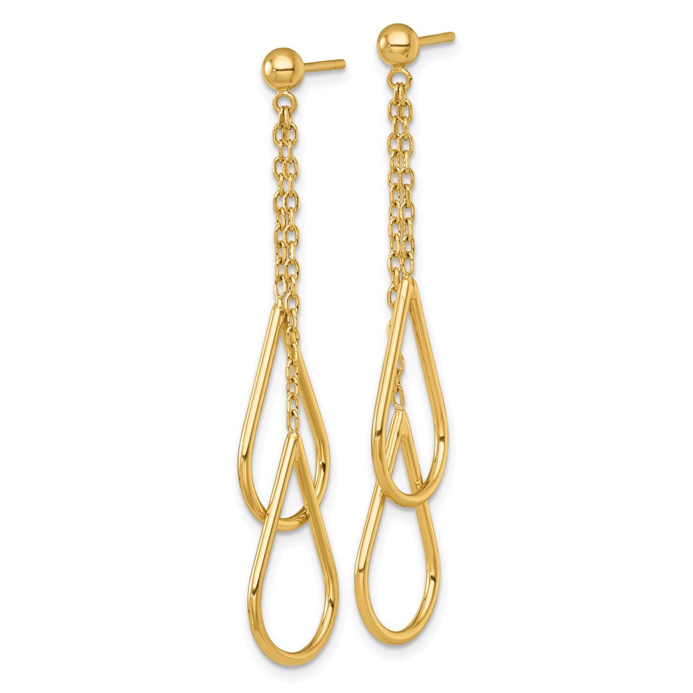 14K Gelbgold Poliert Zwei Teardrops und Kette Hängend Ohrstecker