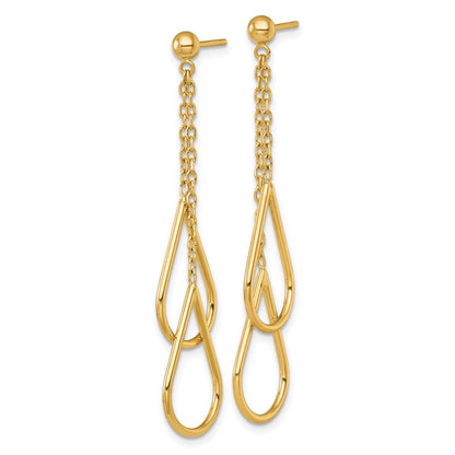 14K Gelbgold Poliert Zwei Teardrops und Kette Hängend Ohrstecker