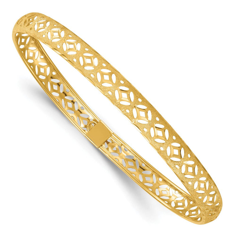 14K Gelbgold Poliert Lasergraviert und Diamantiert 6.15mm Fantasie Durchbrochen Design Flexibel Oval Armreif Armband