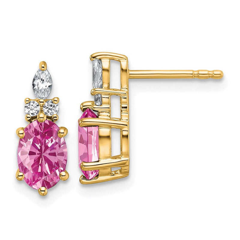 14K Gelbgold Ohrstecker mit Diamanten und 7x5 ovalem synthetischem rosa Saphir (Oktober-Geburtsstein)