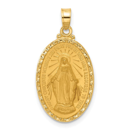 14K Gelbgold Poliert und Satiniert Massiv Wundertätig Medaille Oval Anhänger
