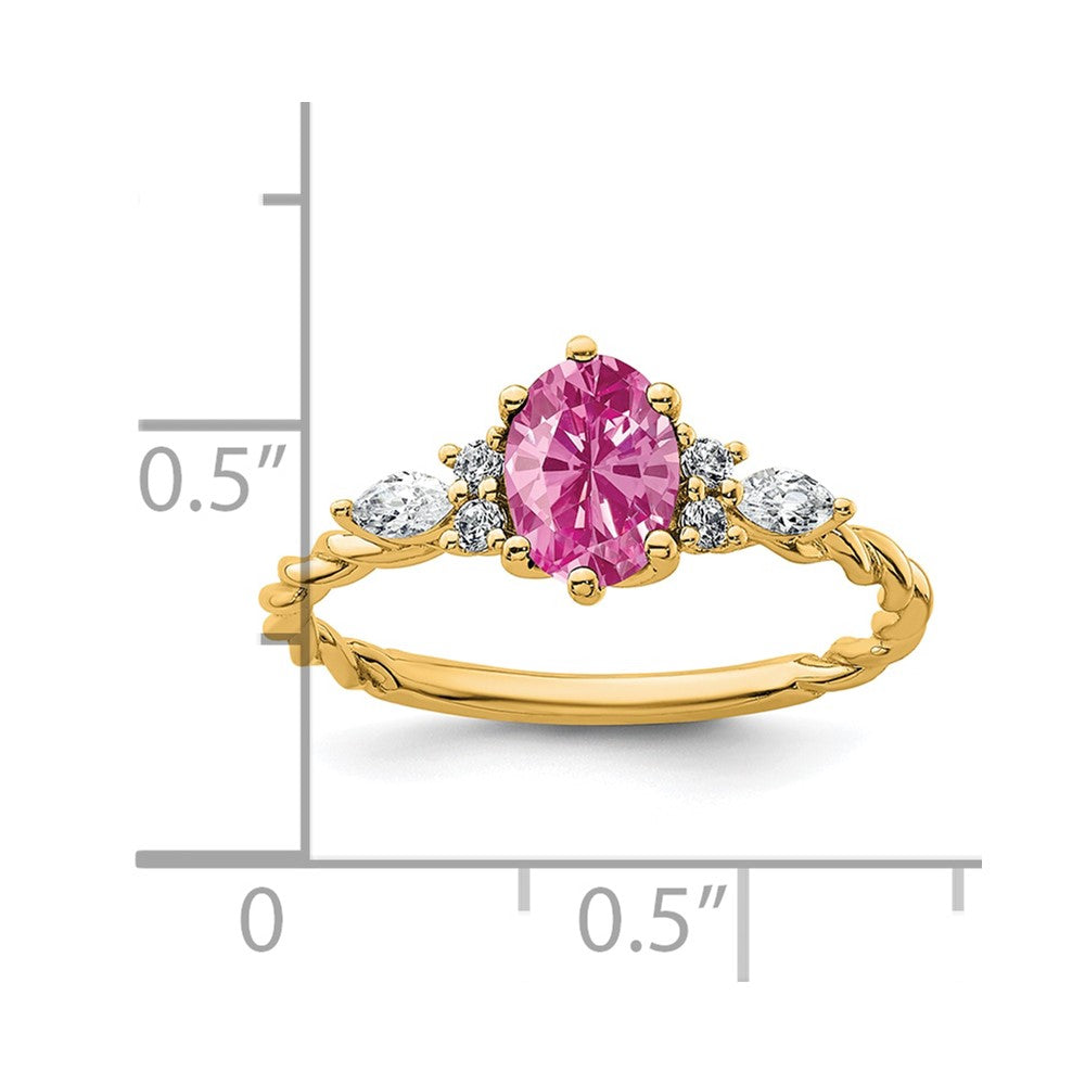 14K Gelbgold Ring mit Diamanten und 7x5 ovalem Oktober-Geburtsstein/im Labor gezüchtetem Rosa Saphir, Größe 7, gedreht