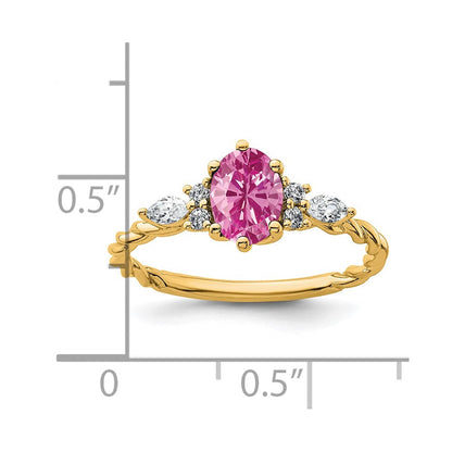 14K Gelbgold Ring mit Diamanten und 7x5 ovalem Oktober-Geburtsstein/im Labor gezüchtetem Rosa Saphir, Größe 7, gedreht