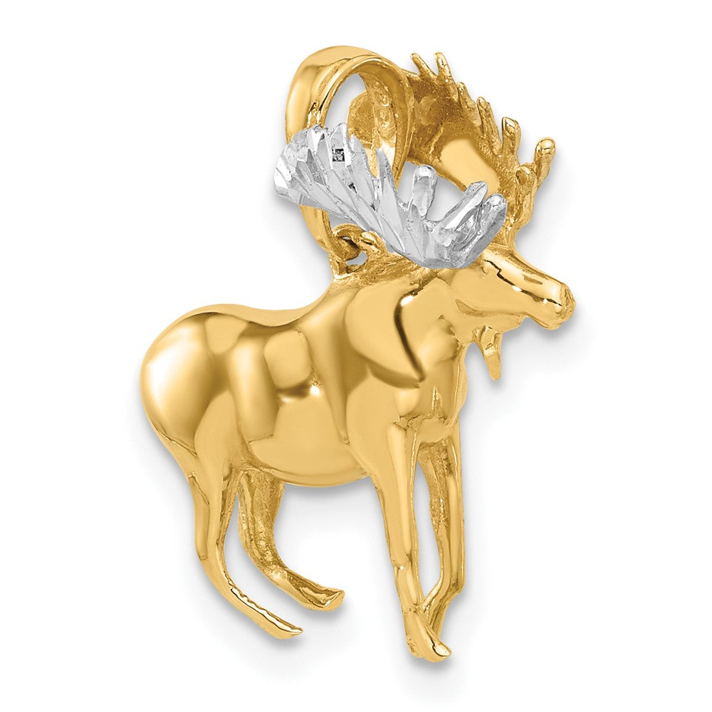 14K Gelbgold und Rhodium diamantgeschliffener 3-D-Elch-Anhänger