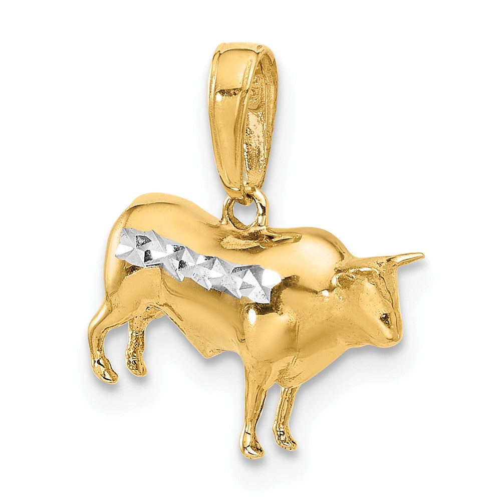 14K Gelbgold und Rhodium Diamant-geschliffener 3-D Bulle Anhänger