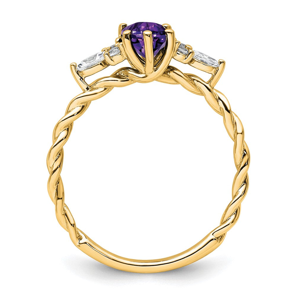 14K Gelbgold Ring mit Diamant und 7x5 ovalem Februar-/Amethyst-Stein, Größe 7, gedreht