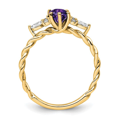 14K Gelbgold Ring mit Diamant und 7x5 ovalem Februar-/Amethyst-Stein, Größe 7, gedreht