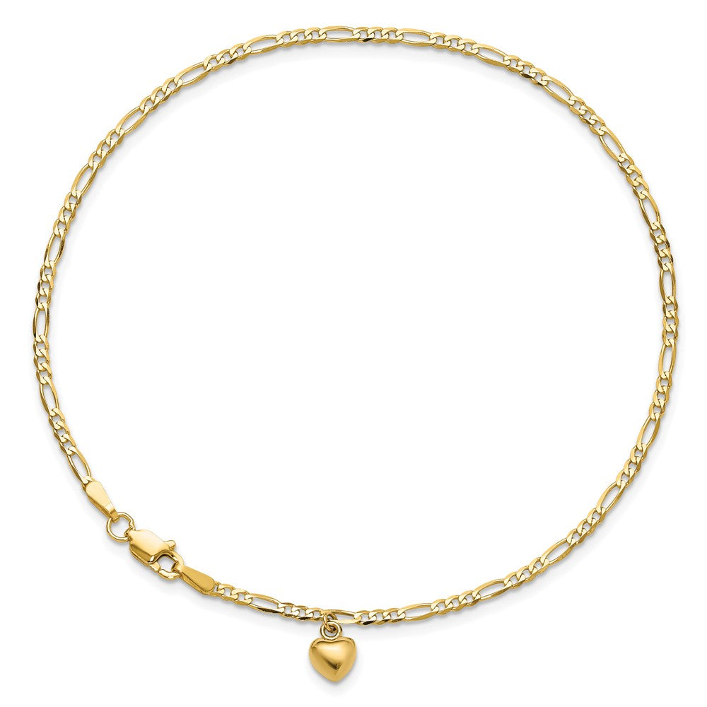 14K Gelbgold Figaro Glieder Kette mit Dangling Gewölbt Herz Fußkettchen
