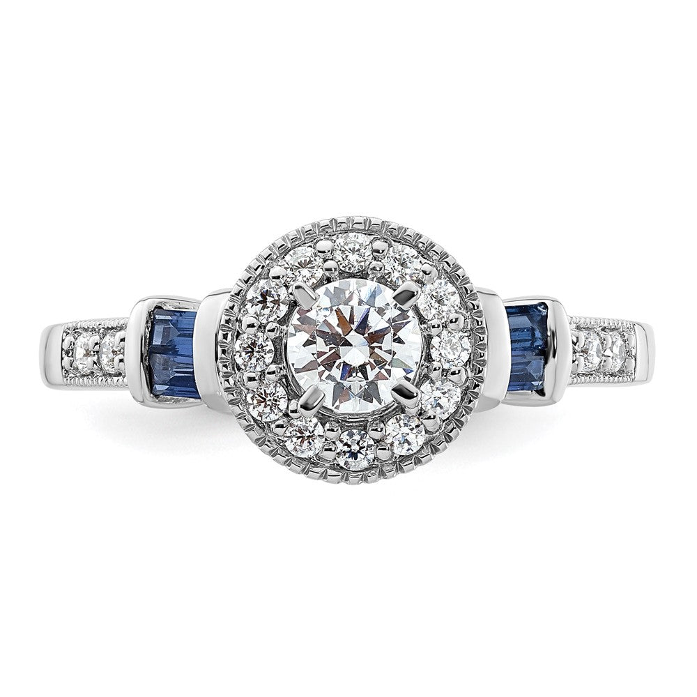 14K Weißgold Verlobungsring mit rundem Halo, 0,5K Labor-Diamant VS/SI+ G+ und gezüchtetem Saphir