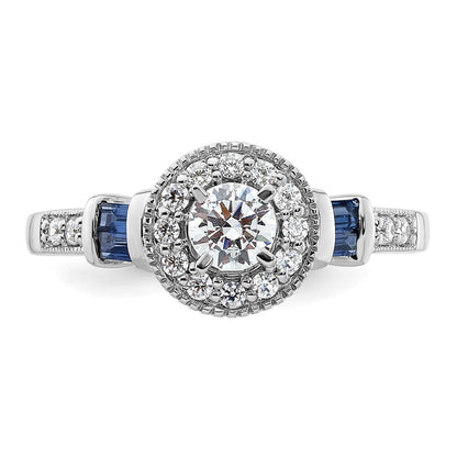14K Weißgold Verlobungsring mit rundem Halo, 0,5K Labor-Diamant VS/SI+ G+ und gezüchtetem Saphir