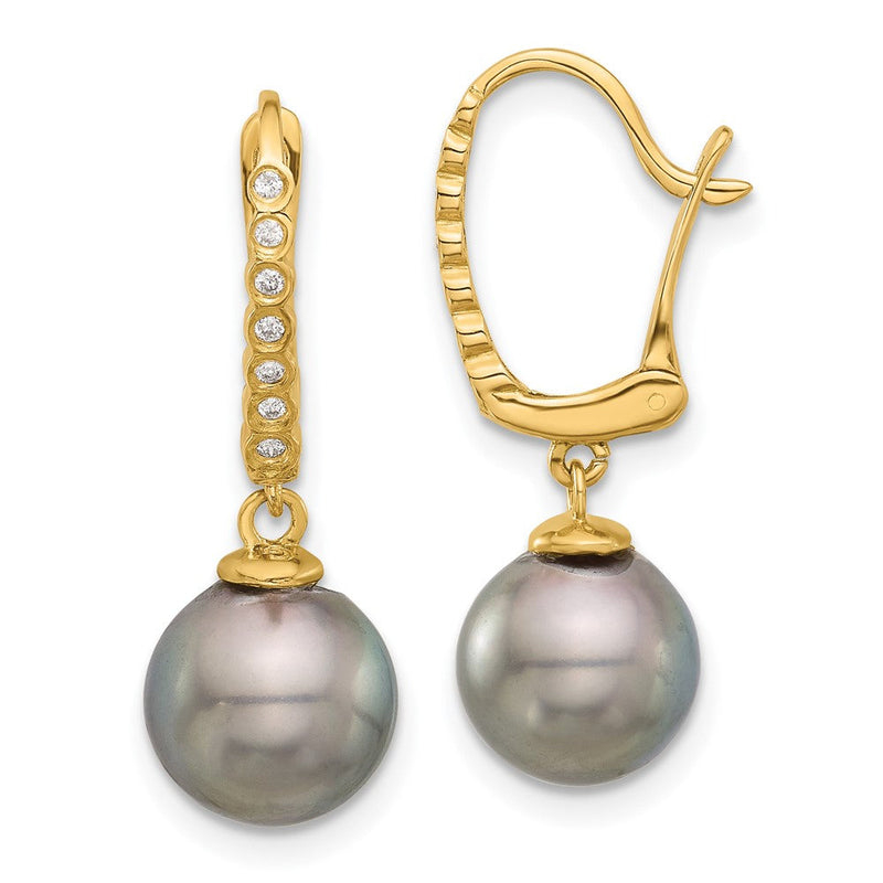 14K Gelbgold 8-9mm Schwarz Rund Tahitian Salzwasser Zuchtperle Und.07 Karat Diamant Brisur Ohrhänger