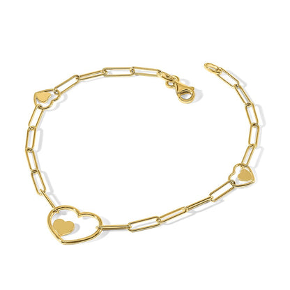 14K Gelbgold Doppelt Herzen und Büroklammer Knöpfe Gliederarmband
