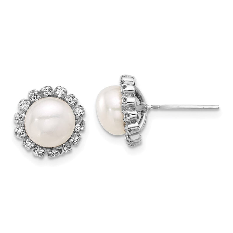 14K Weißgold 7-8mm Weiß Knopf Süßwasser Zuchtperle Und.28 Karat Diamant Heiligenschein Ohrstecker