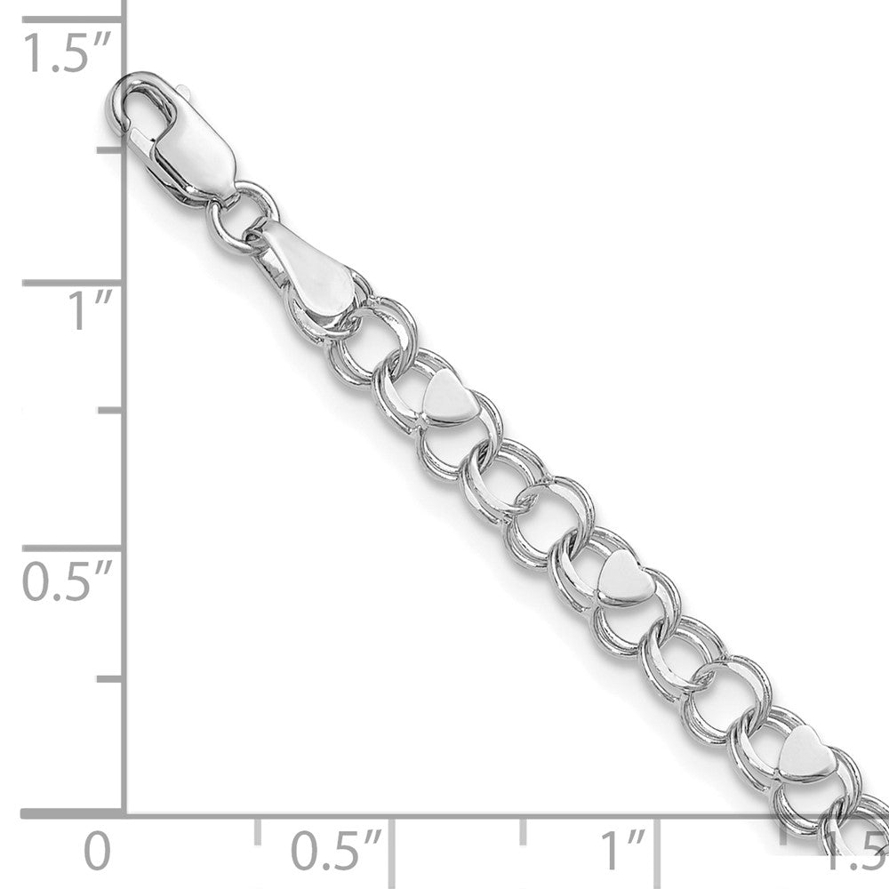 14K Weißgold 4mm Massiv Doppelt Glieder mit Herzen Charm Armband