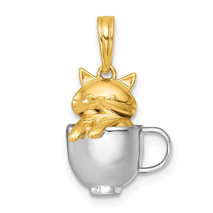 14K Gelbgold mit Rhodium poliert 3-D Katze in Tasse Charm