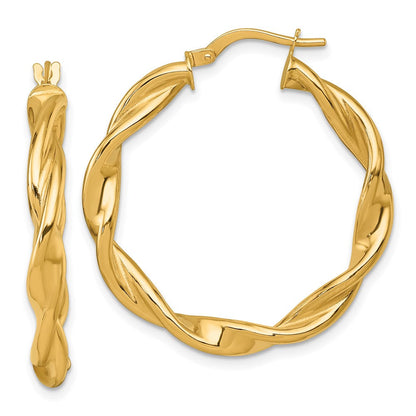 14K Gelbgold Poliert Gedreht 4.00 X 33mm Röhre Creolen