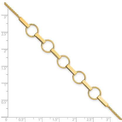 14K Gelbgold Poliert und Strukturiert Kreise und Bars 7.5 Zoll Armband