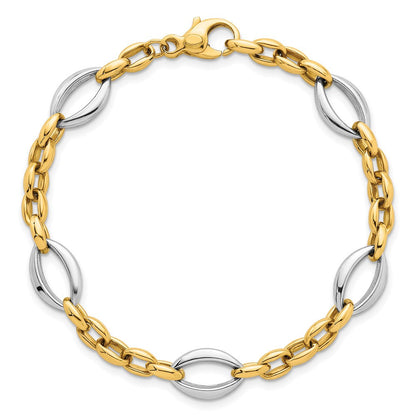 14K Bicolor Gold Bicolor Poliert Oval und Ankerkette Kette 7.25 Zoll Armband