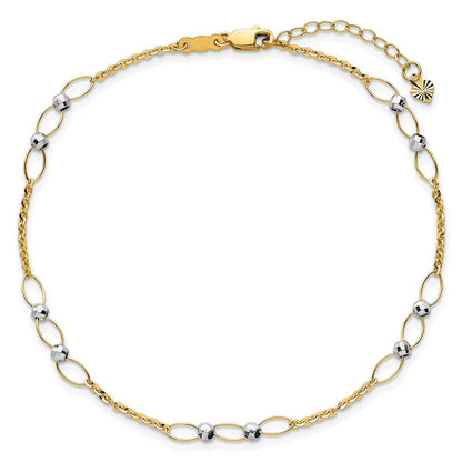 14K Bicolor Gold Bicolor Oval Knöpfe und Mirror Perlen Plus Verlängerung Total Kette Fußkettchen