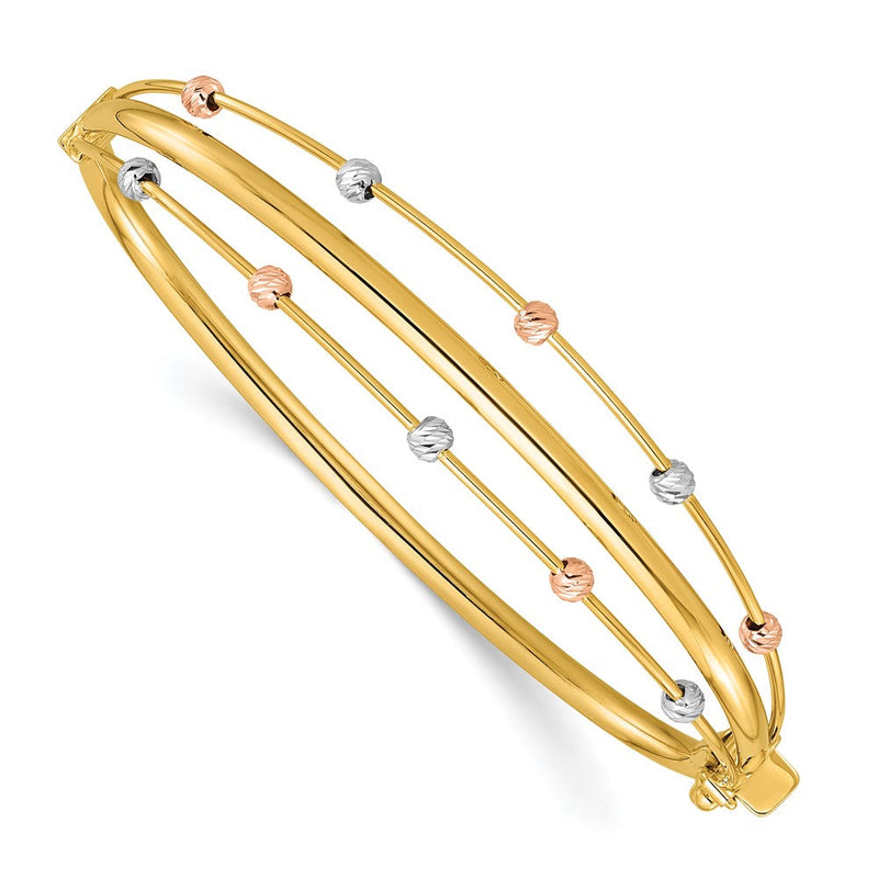 14K Tricolor Gold Tricolor Poliert 3-row Diamantiert Gekugelt Klappbar Oval Armreif Armband
