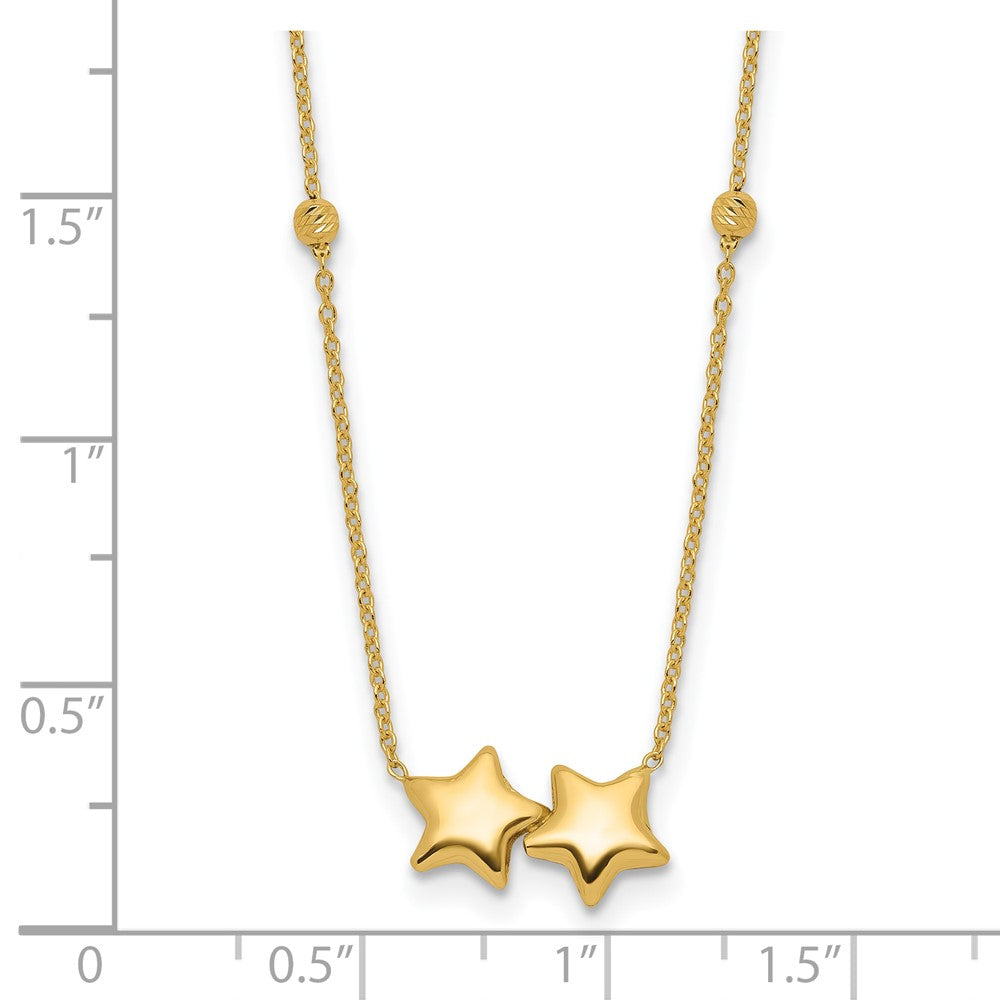 14K Gelbgold Poliert Doppelt Stern mit Diamantiert Perlen 16 Zoll Halskette Plus 2 Zoll Verlängerung