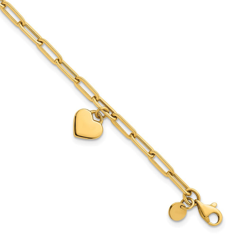 14K Gelbgold Poliert Flach Hängend 9mm Herz Büroklammer Glieder 7.25 Zoll Armband