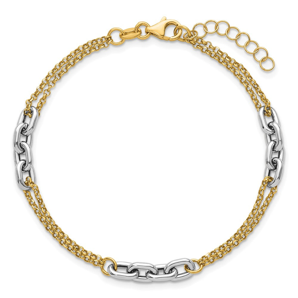 14K Bicolor Gold Poliert Fantasie Oval Glieder und Doppelt Strang Kette 7.25 Zoll mit 1 Zoll Verlängerung Armband