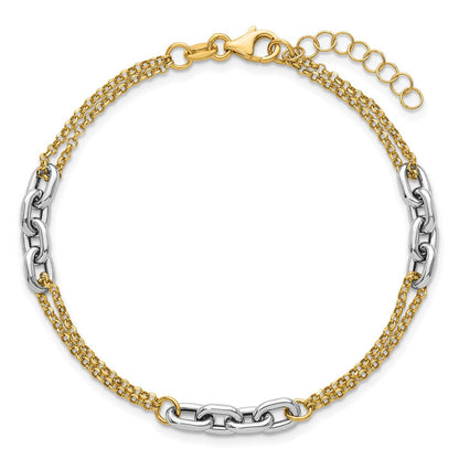 14K Bicolor Gold Poliert Fantasie Oval Glieder und Doppelt Strang Kette 7.25 Zoll mit 1 Zoll Verlängerung Armband