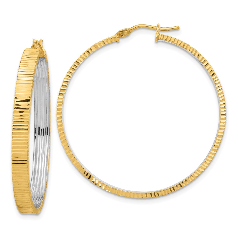 14K Gelbgold Poliert und Rhodium Diamantiert Kreis Creolen